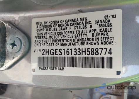 2003 Honda Civic Dx z USA, uszkodzony, nr VIN 2HGES16133H588774